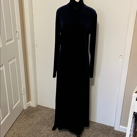 Vintage Valerie Stevens Sport Velvet Maxi Dress Navy Blue Long Sleeve 90s Goth M - Picture 2 of 11